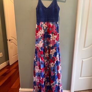 Tori Richard Floral Maxi Dress with Blue Crochet Top
